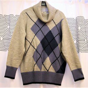 Croft & Barrow Women Sweater light-gray with blue Argyle Mock neck lg sleeve XXL